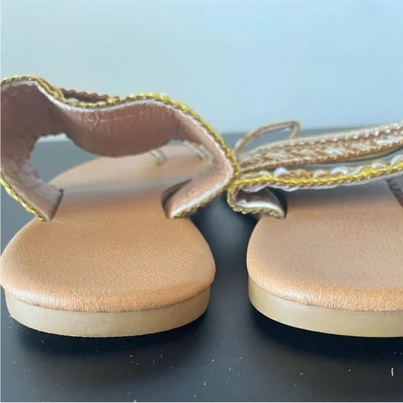 Brown, gold, pearl Boho Embellished Toe Ring Slide Sandal Size 37 - Picture 3 of 4